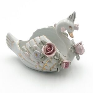 Vintage Napco Porcelain Small Swan Dish/Planter with Floral Accents